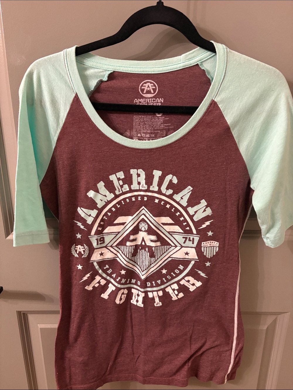 American Fighter Maroon Body Mint Sleeve Baseball Tee